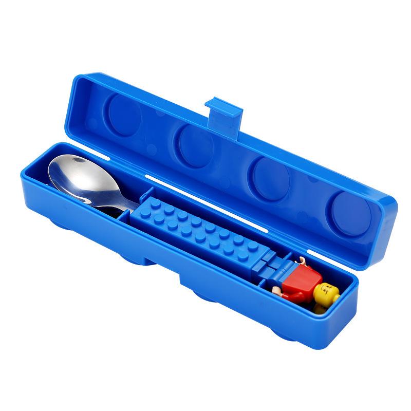 Children's Portable 304 Stainless Steel Tableware Set: Cartoon Building Block Lunch Box with Spoon & Fork.
