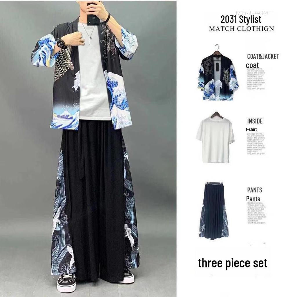 Men's Chinese Style Ice Silk Taoist Robe: Trendy Three-Piece Hanfu Tang Suit for Summer