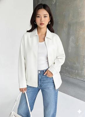 Повседневная кожаная женская куртка-бомбер, посадка, натуральная ручная работа, белая, стильная, из овчины