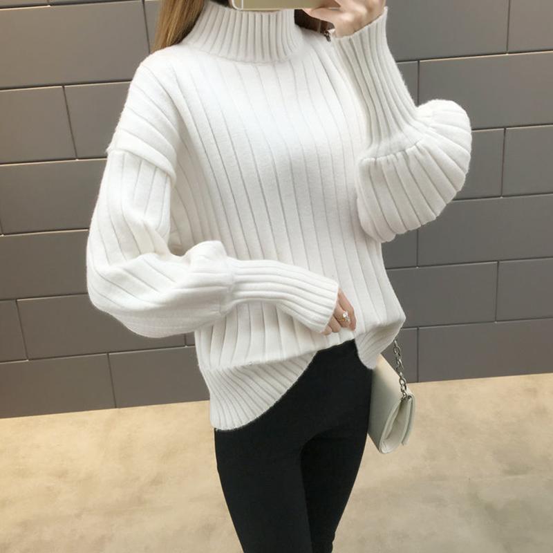 Women Solid Color Lantern Sleeve Half High Neck Sweater Loose Knitting Sweater Women's Knitting Bottoming Sweater Autumn and Winter