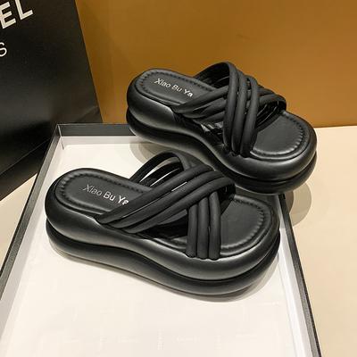 Модные 7 см каблуки толстые тапочки женские сандалии на танкетке с перекрестными ремешками на платформе женские летние модные толстые пляжные сандалии Mujer 2024