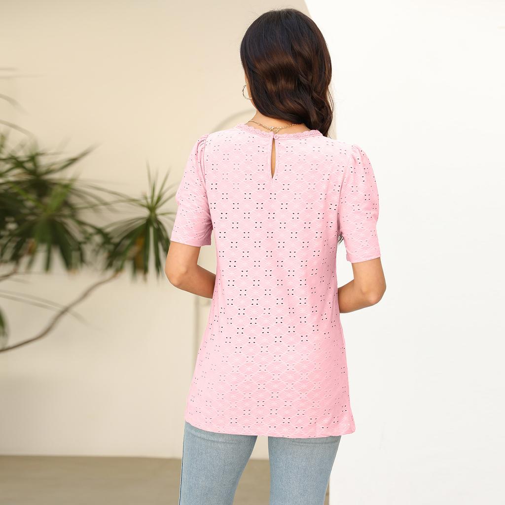 Летняя женская кружевная лоскутная блузка с коротким рукавом розового и белого цвета, повседневная женская пуловер с круглым вырезом, топ