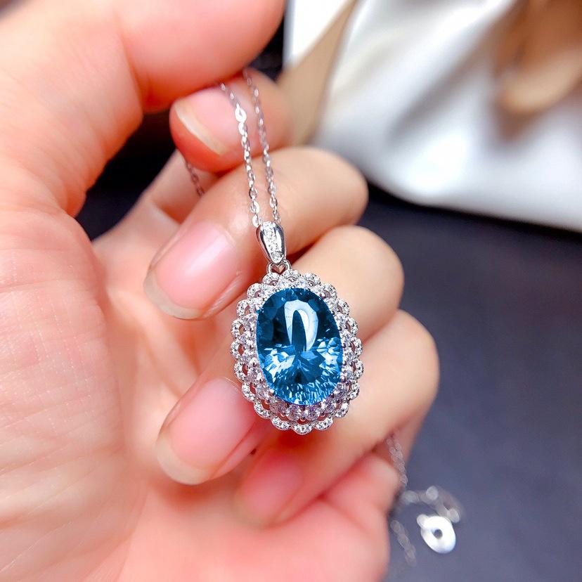 Set Perhiasan Perak Murni 925 Anting-Anting Kancing Liontin Cincin Topas Biru Langit untuk Hadiah Pernikahan Natal Wanita Perhiasan Cantik