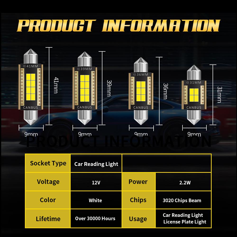 2/10pcs C5W LED Canbus Festoon 31mm 36mm 39mm 41mm C10W Car Truck Bulbs Interior Reading Lights License Plate Lamp White 12V 24V Dome Lights 6