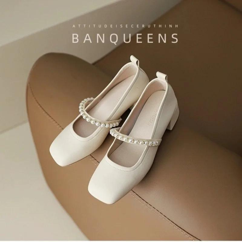 Мода 2024 Новая весна Винтажные туфли Мэри Женские на среднем высоком каблуке Сказочные женские Мягкие туфли на высоком каблуке Молочные туфли Неуклюжие туфли