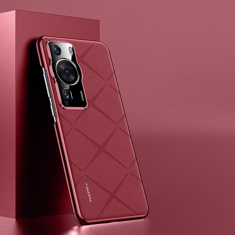 KEYSION Grid Pattern PU Leather Case for Huawei P60 P60 Pro Plating PC Camera Protection Phone Back Cover for Huawei P60 Pro