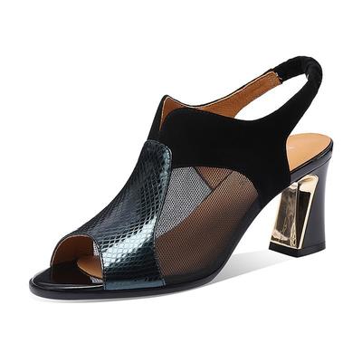 Модные босоножки женские летние новые лакированные кожаные дышащие толстые каблуки ажурные сетчатые марлевые высокие каблуки sandalias de mujer P270