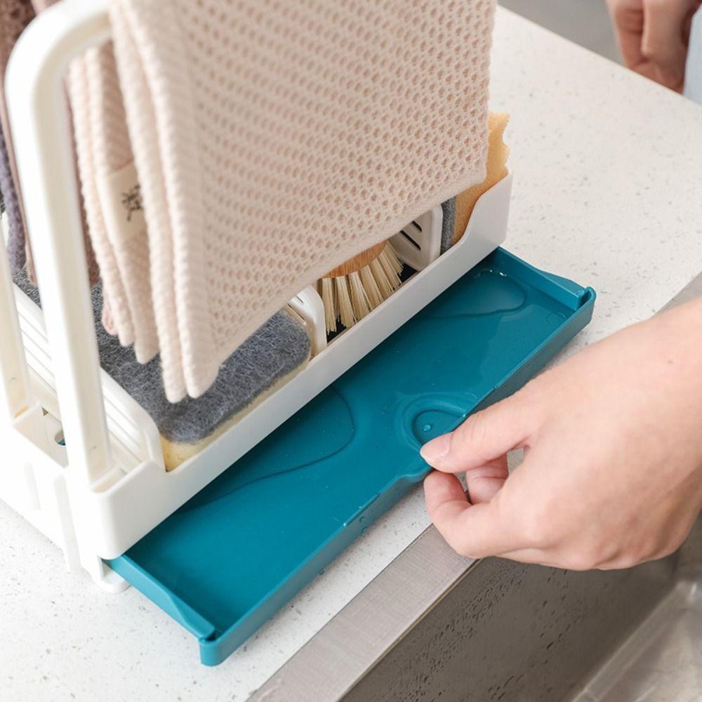 Держатель для кухонной тряпки Кухонная полка для хранения Пластиковый Многофункциональный Держатель для губки и полотенца Дренажный Без сверления Пыленепроницаемый
