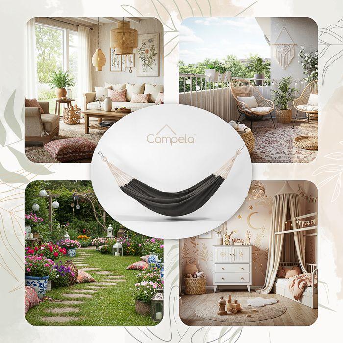 Hamac boho jardin et camping, 2 personnes, 200 x 150 cm, 240 kg, avec sac - Campela (CA1700GRY)