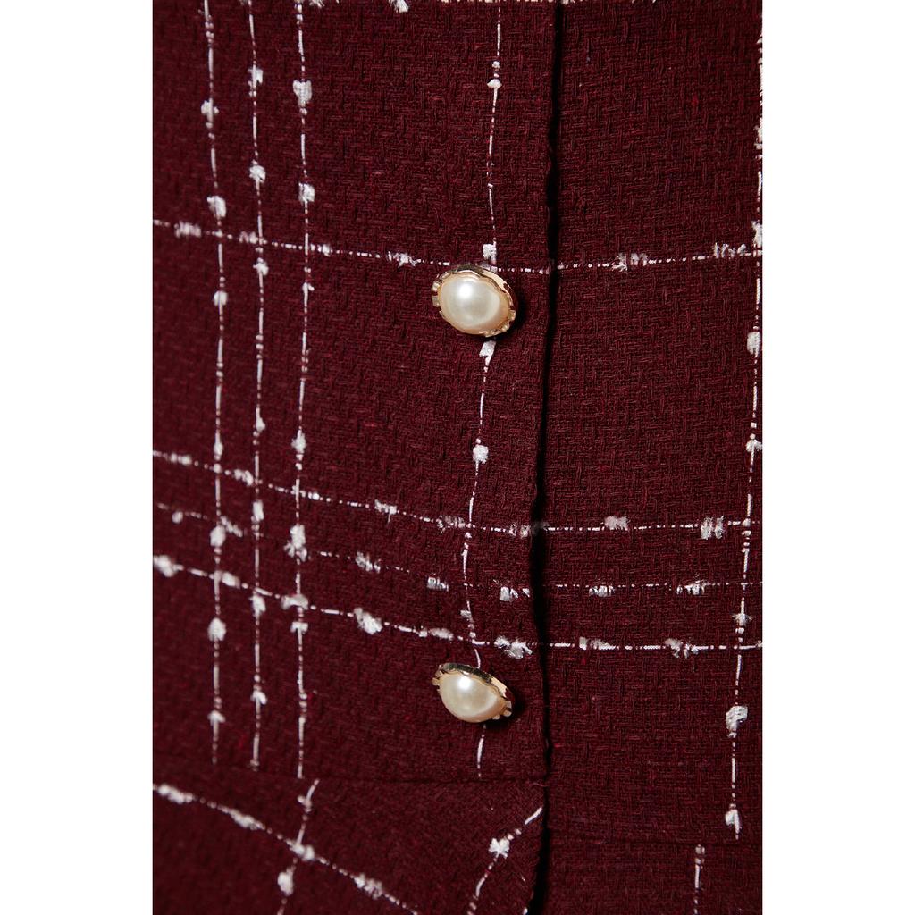 Burgundy Buttoned Tweed Fabric Mini Woven Skirt With Flounce Hem Twoaw22et0155