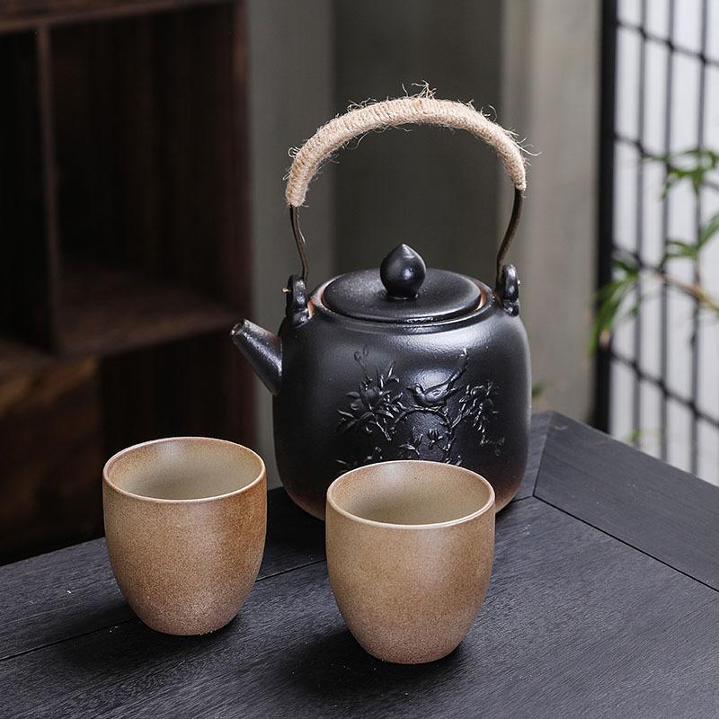 Coarse pottery tea set, household ceramic Kung Fu teacup, beam pot, teacup fireplace tea with gift box.