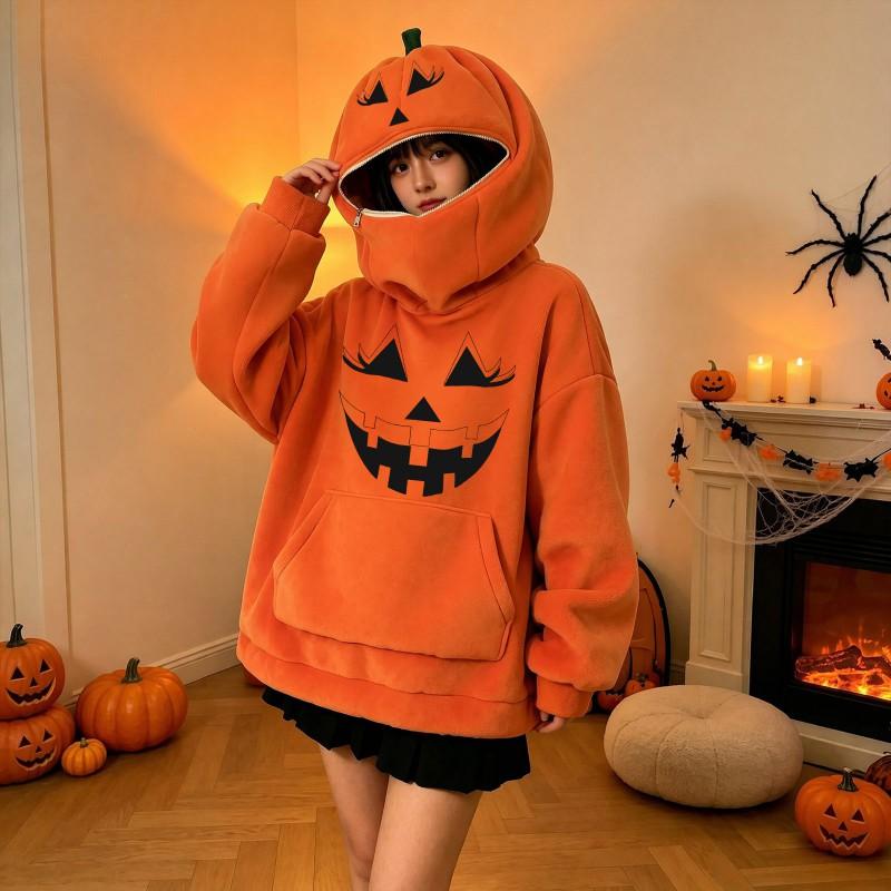 Halloween Pumpkin Print Hooded Sweatshirt Women Casual Long Sleeve Top