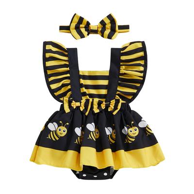 Комбинезон для девочек, платье с принтом пчелы/божьей коровки/коровы/слона, рукава-крылышка, юбка, подол, комбинезоны, летняя одежда, боди с повязкой на голову