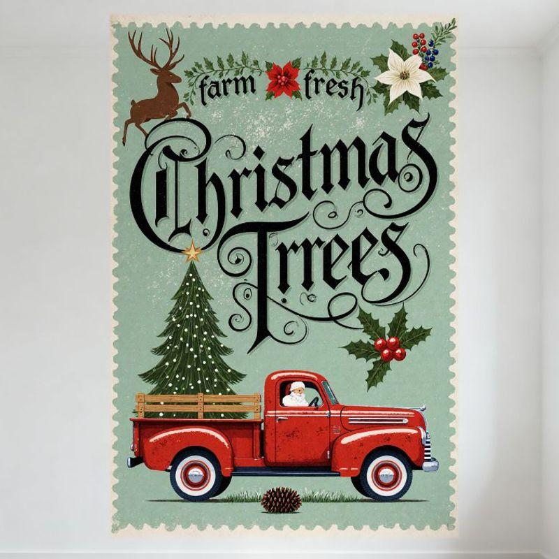 Vintage Christmas Farm Fresh Metal Tin Sign with Deer, Poinsettia, Christmas Tree, Santa Truck for Home Wall Decor