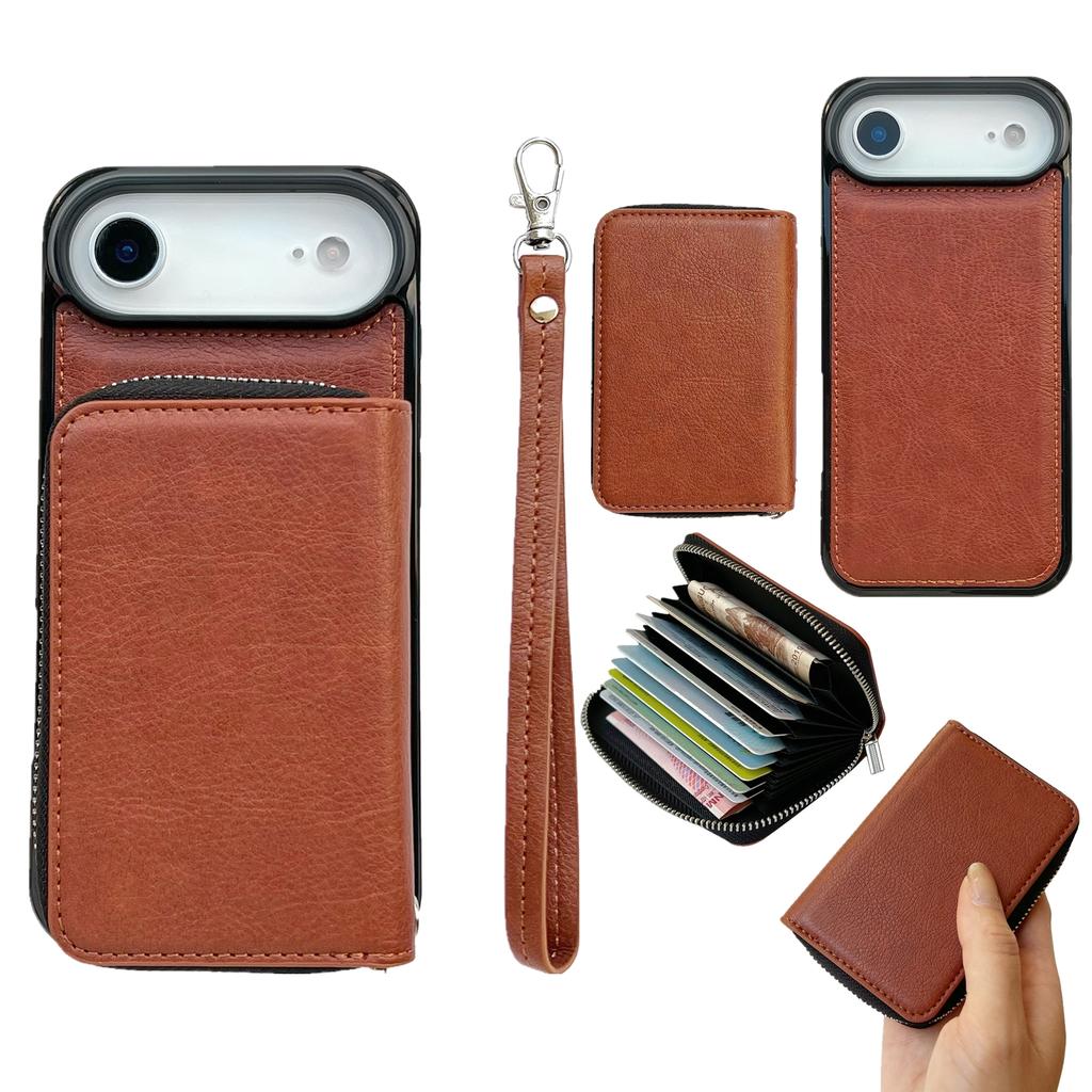 For iPhone Air Case Detachable Zipper Card Bag PU TPU Kickstand Phone Case with Strap