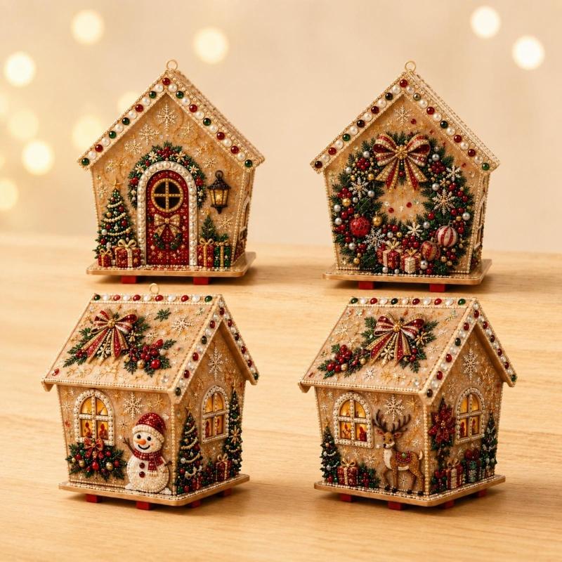 Christmas Art House Project, 1 Set with Raised Holiday Artwork and a Flat Base for Table, Cabinet, or Window Display
