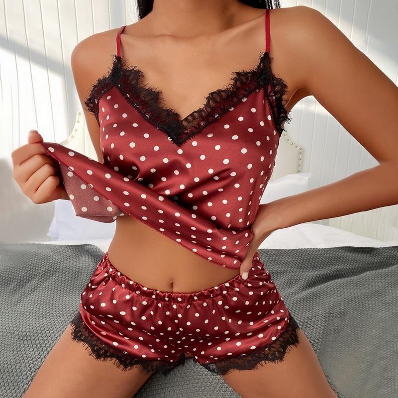 Sexy Women Lace Eyelashes Sleepwear Plus Size Comfortable Satin Lingerie Nightgown Sleeveless Pajamas Sets Pajama And Shorts Set