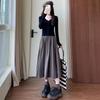 Women's H560 High Waist A-Line Gray Knit Skirt - Slim Fit, Long Umbrella Style for Spring and Autumn