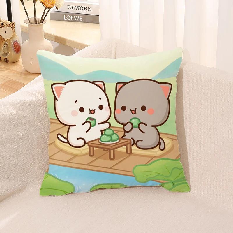 Pillow Cover Square Cushion for Bed Car Office Peach Mochi Cat Decorative Anime Room