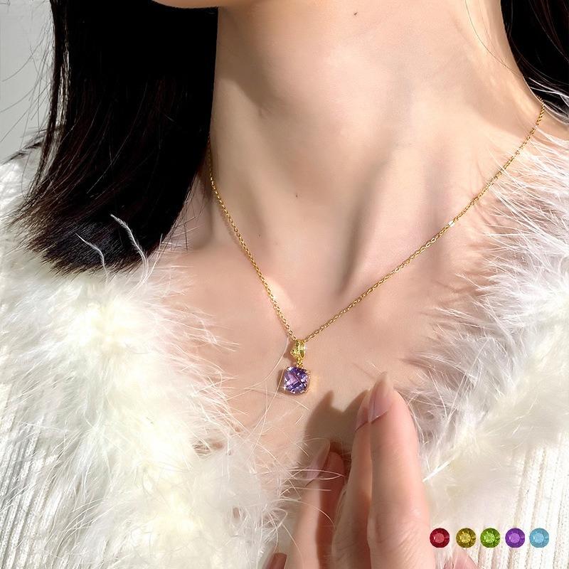 Women's S925 Pure Silver Necklace, Ice-Cut Natural Crystal, Premium Gemstone Series, Princess Square Pendant