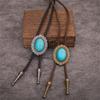 Men's Rodeos Bolo Tie with Turquoises Pendant Braided Leather Cord Adjustable Chain Necktie Western Jewelry Necklace