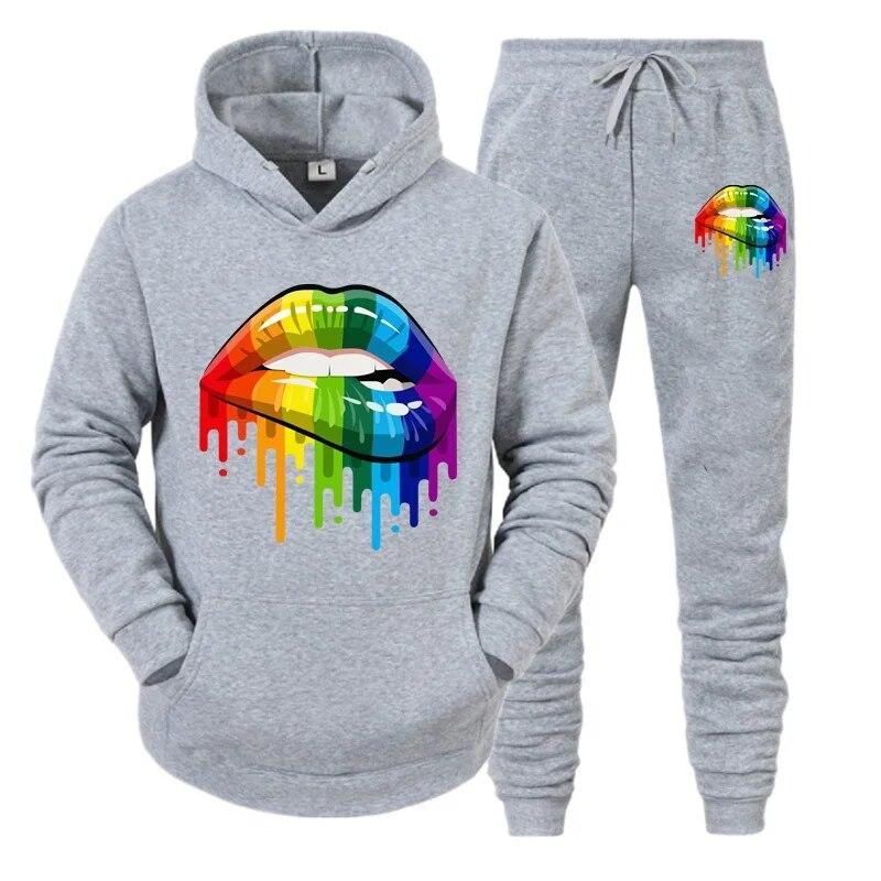 Осень-зима женская толстовка + спортивные штаны, спортивные костюмы из 2 предметов, спортивные костюмы с капюшоном для бега, модные цветные спортивные костюмы с принтом губ