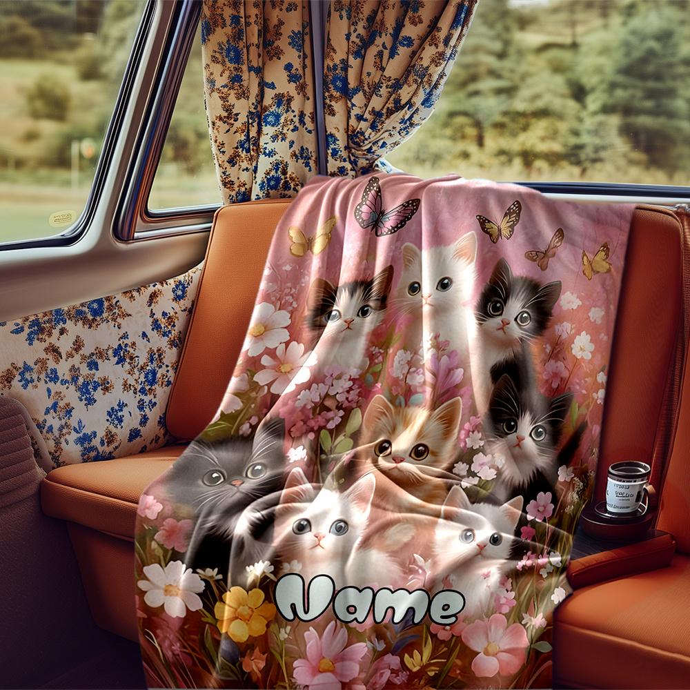 Cute Kittens Among Flowers And Butterflies Blanketcustomizable With Your Namecomfortable And Stylish Perfect For Travel Beds Chairs Offices Sofas