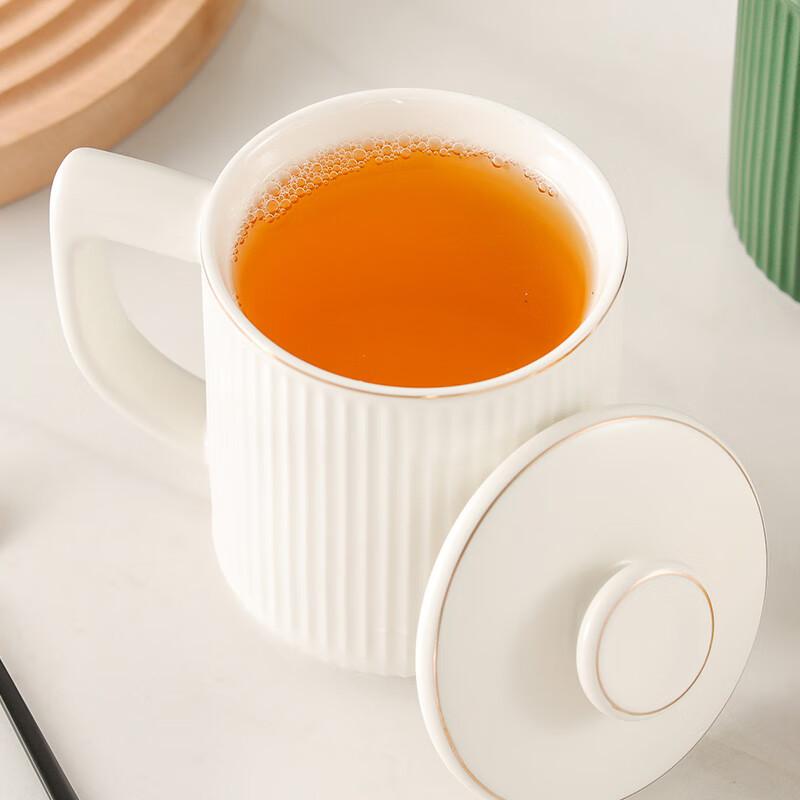 Jieyajie Ceramic Mug with Lid, 450ml Coffee Milk Breakfast Cup, Office Water Cup, Tea Cup , White