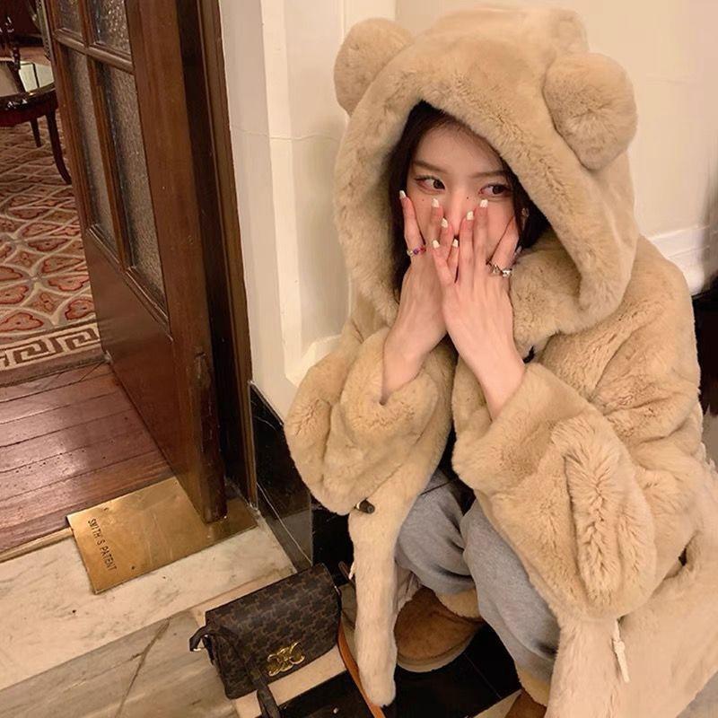 Осень-зима, новая шуба с капюшоном из меха, роговая пряжка, плюшевые ушки, утолщенное пальто, милый стиль колледжа