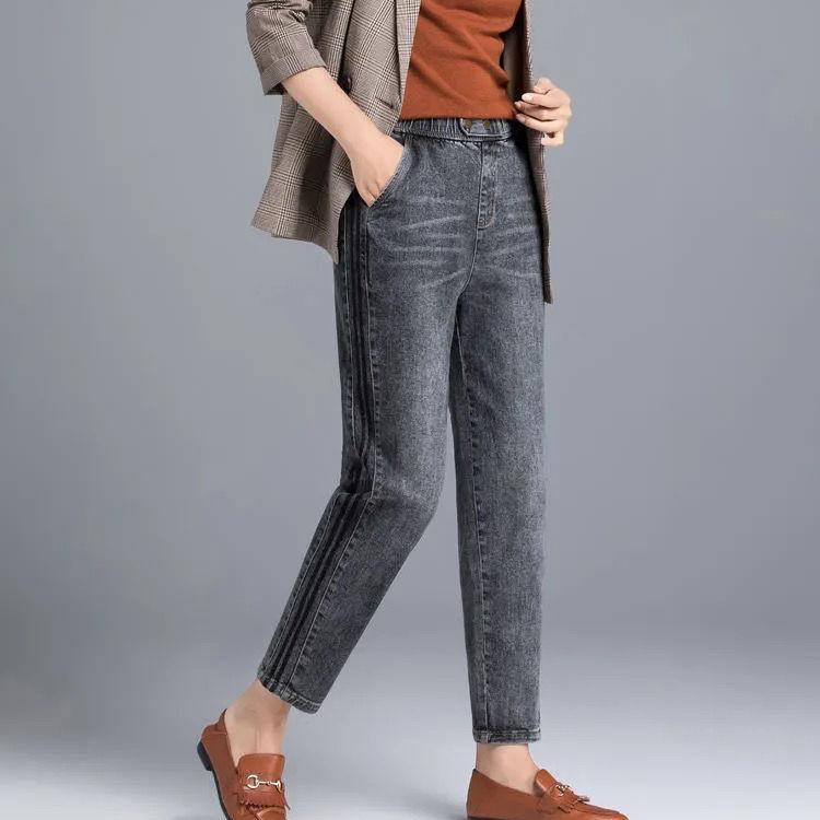 Женские весенние и летние брюки из денима с эластичной резинкой на талии, большие размеры, свободные прямые брюки-репа