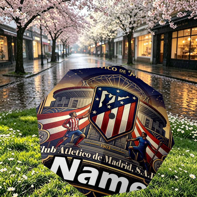 Custom Name Personalized Atletico Madrid Print Umbrella, Auto Open Close, 8‑Rib Sturdy Frame, Commute Camping Hiking Use, Birthday Gift