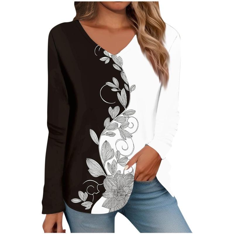 Womens Long Sleeve Tops V Neck Shirts Casual 3D Flower Print Basic Trendy Tee Blouses Fall Tunic Outfits Fitted T Shirts