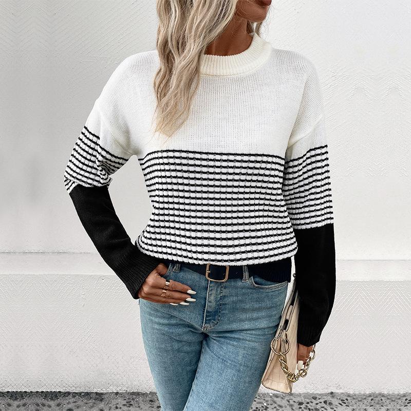 Autumn 2026 European & American Casual Stripe Color Block Sweater - Long Sleeve, Round Neck Pullover