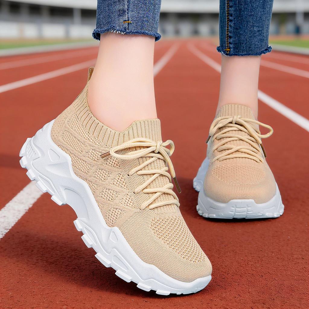 Spring Plus Size Women Flyknit Casual Chunky Sneakers Soft Sole Height Increasing Breathable Anti Odor Athletic Single Shoes