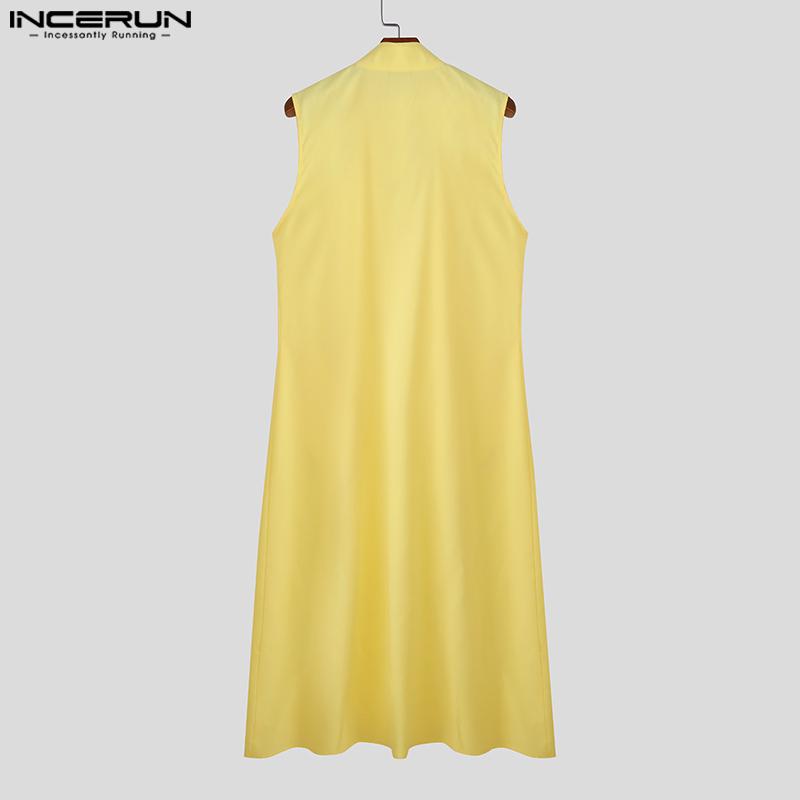 INCERUN Мужской кардиган без рукавов с воротником-стойкой, открытый спереди, с декоративными пуговицами, повседневный, длинный