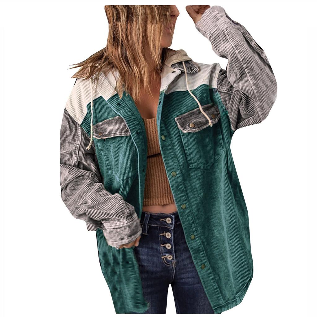 Women's Autumn Corduroy Shawl Jacket Long Sleeve Buckle Color Matching Hooded Jacket With Pocket