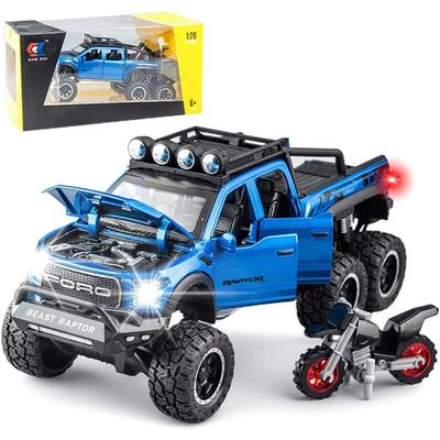 Игрушечные пикапы в масштабе 1/24, игрушечный грузовик, литой металлический пикап Ford F150 со звуком и светом, внедорожные грузовики с откатным механизмом 6x6 и мотоцикл для детей