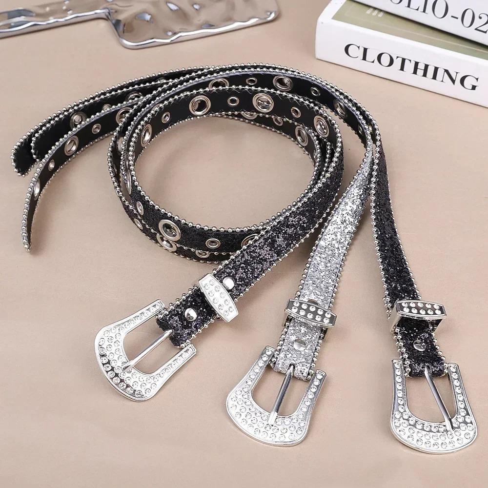 Adjustable Glitter Waistband PU Leather Belts Fashion Full Rhinestone Belt for Women Girls