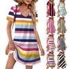 Women's Summer V-neck Casual Beach Dress Short Sleeve Plaid Print Dress