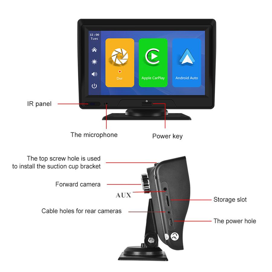 Dash Cam Portable 7" Screen Support Wireless Carplay & Android Auto +Rear Camera