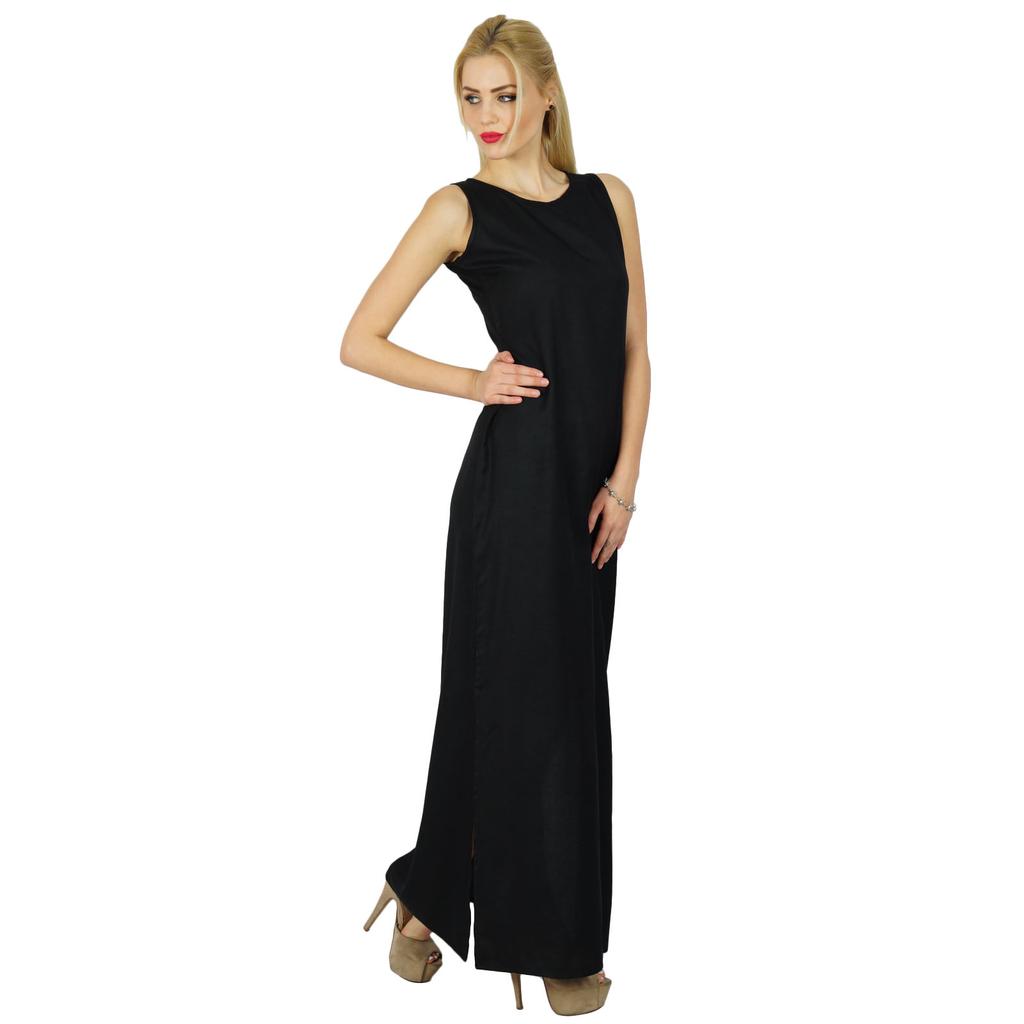 Bimba Women Long Black Maxi Dress Side Slit Casual Wear Comfort Rayon