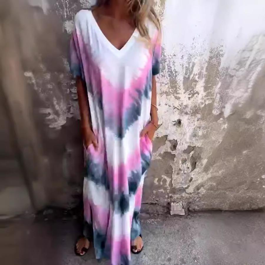 Casual Beach Maxi Tie Dye Printed Dresses Women's Spring Summer Short Sleeve V-neck Plus Size Long Dress