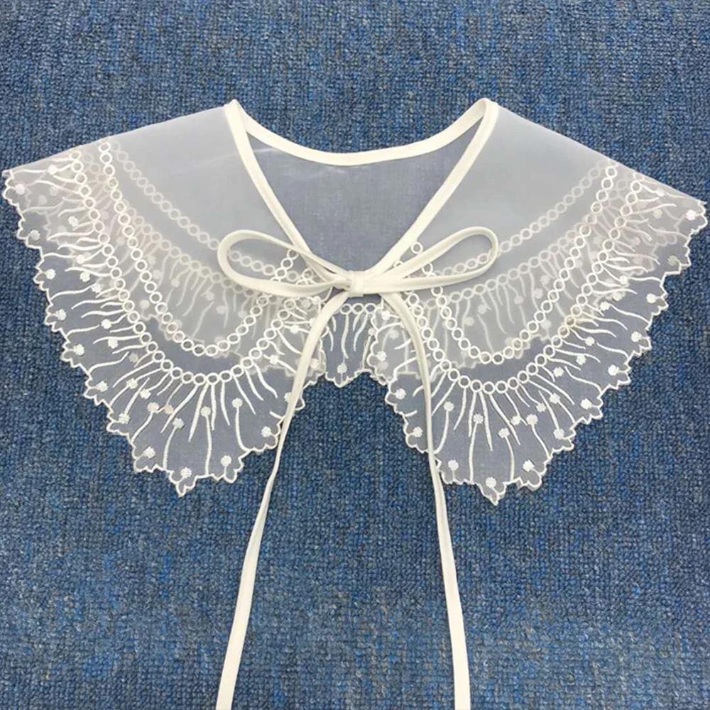 Women Girls Chiffon Lace Fake False Collar Decorative Double Layer Ruffles Embroidery Choker Blouse Shawl Bowtie