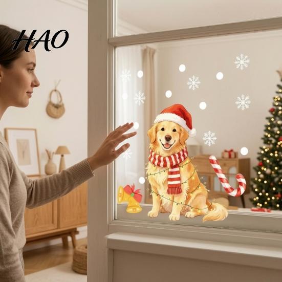 Holiday Decorative Window Film Christmas Static Clings, No?Glue Cute Puppy Glass Decals with Snowflake Colorful Pattern Candy Cane, Reusable
