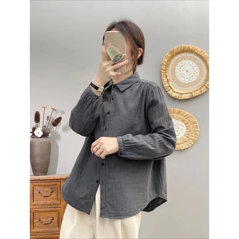 Рубашка в полоску из чистого хлопка в стиле ретро, женская двухслойная рубашка из хлопчатобумажной марли с длинными рукавами, универсальная рубашка на весну и осень, блузки и рубашки
