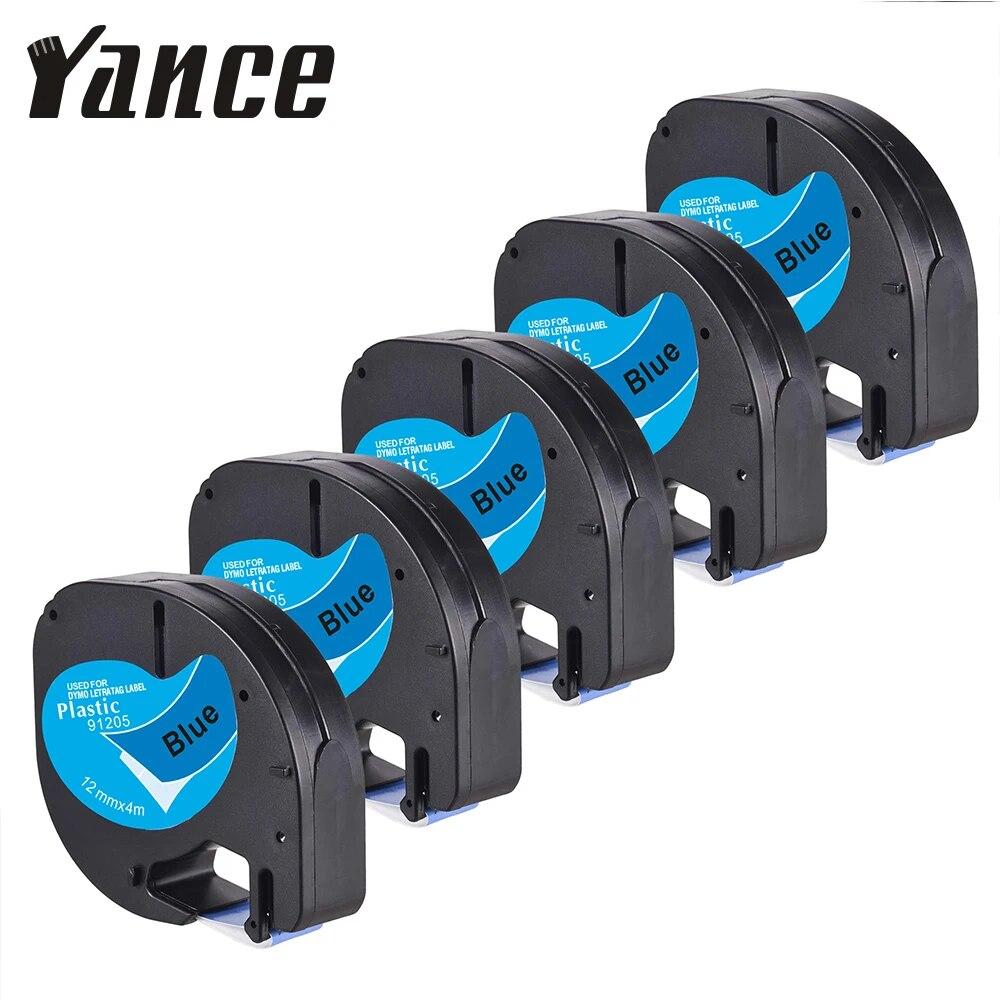 Yance 5Pcs/lot Compatible Dymo LetraTag Tape 91205 Black On Blue 12mm Plastic Tape for LT-100H LT-100T Dymo Label Printer