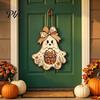 Autumn Porch Hanging Ornament Cute Bow Ghost Sign, Rustic Retro Floral Door Sign with Pumpkin Outdoor Fall Entryway Basket, Vintage Halloween