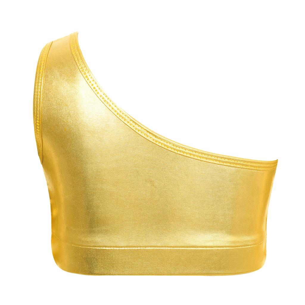 Girls Shiny Sequins Tiered Ruffles Sleeveless Metallic One Shoulder Crop Top Vest Dancewear