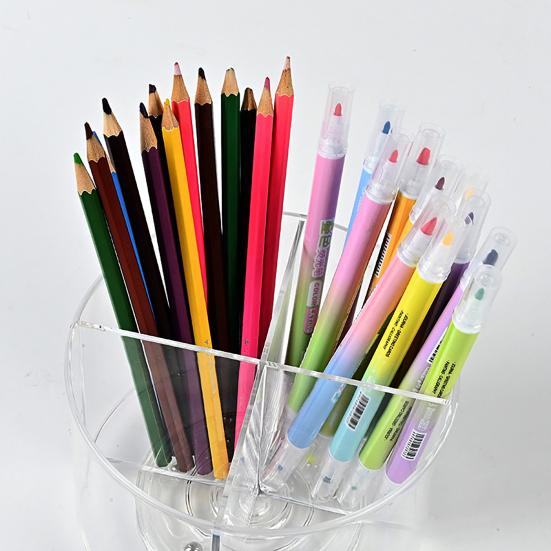 360 Degree Rotating Pen Holder Transparent Desk Pencil Organizer with 4 Compartments Acrylic Marker Caddy for Office Home School Supplies