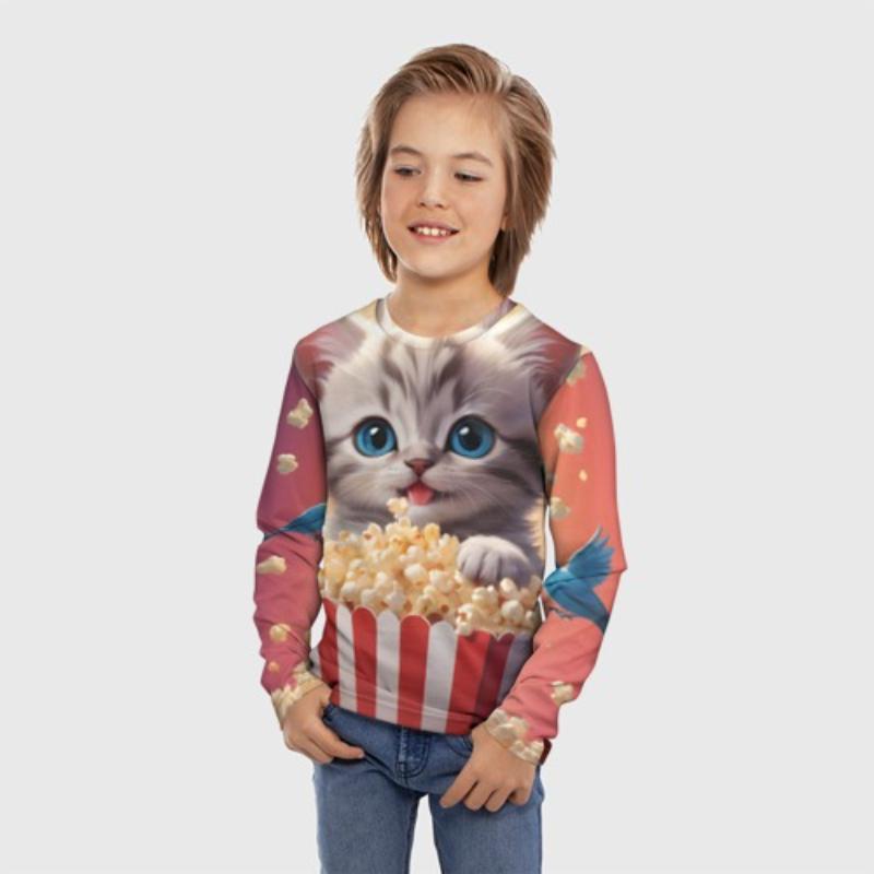 Children's Cartoon Animal Kitten Print Multi-color Print T-shirts Boys Cute Long Sleeved Soft Comfortable Top